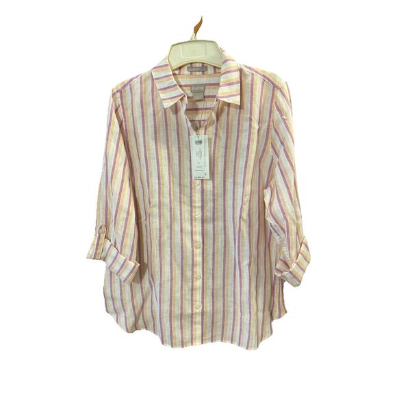 Chicos Women’s Linen Blouse Sz 1 10 New Roll Tab Metallic 3/4 Sleeve No Iron $99 - Picture 1 of 7